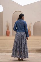 Juniper Indigo Blue Shirt-Style Dress with Off White Embroidery & Tiered Floral Maxi Skirt - Distacart