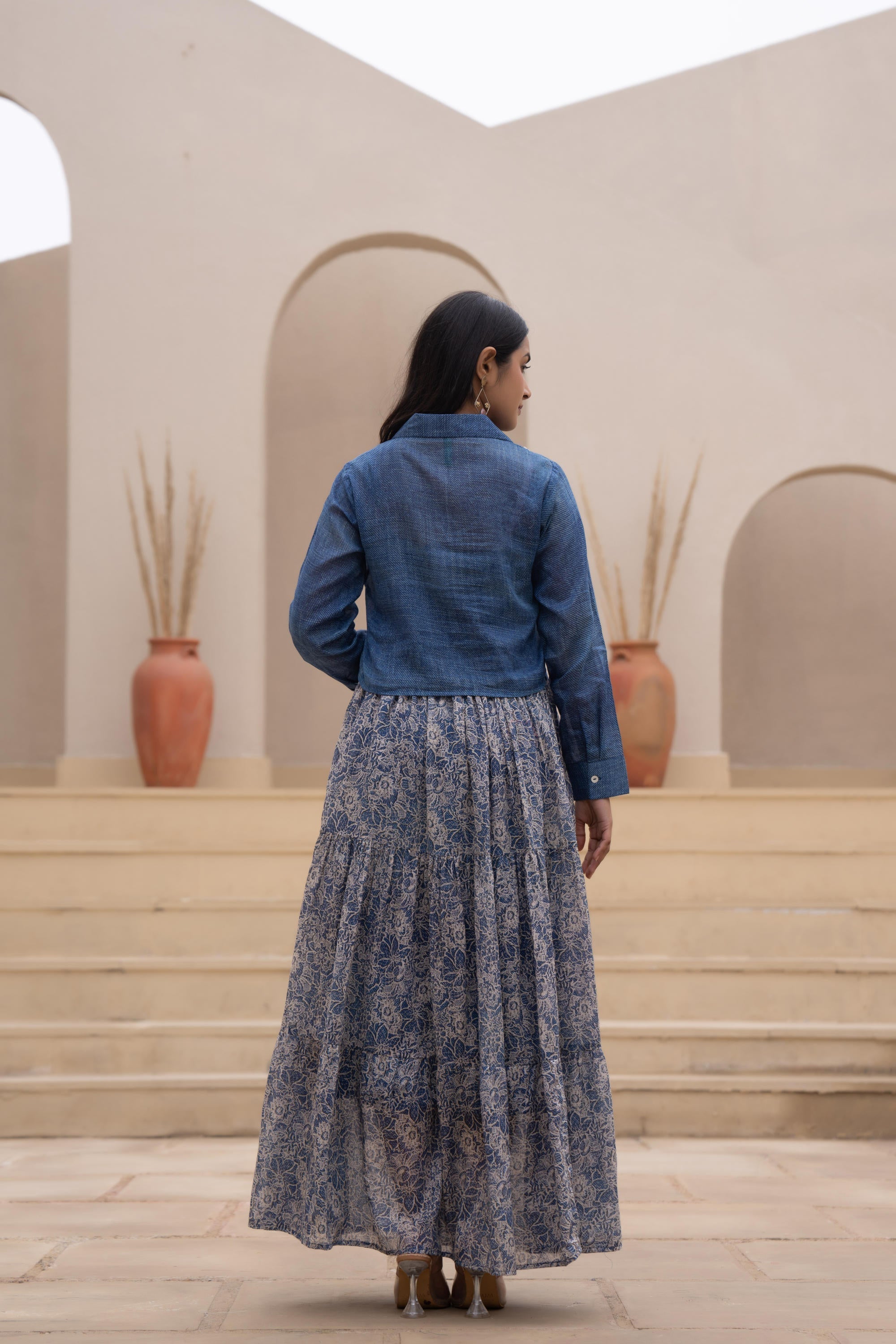 Juniper Indigo Blue Shirt-Style Dress with Off White Embroidery & Tiered Floral Maxi Skirt - Distacart