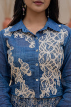Juniper Indigo Blue Shirt-Style Dress with Off White Embroidery & Tiered Floral Maxi Skirt - Distacart