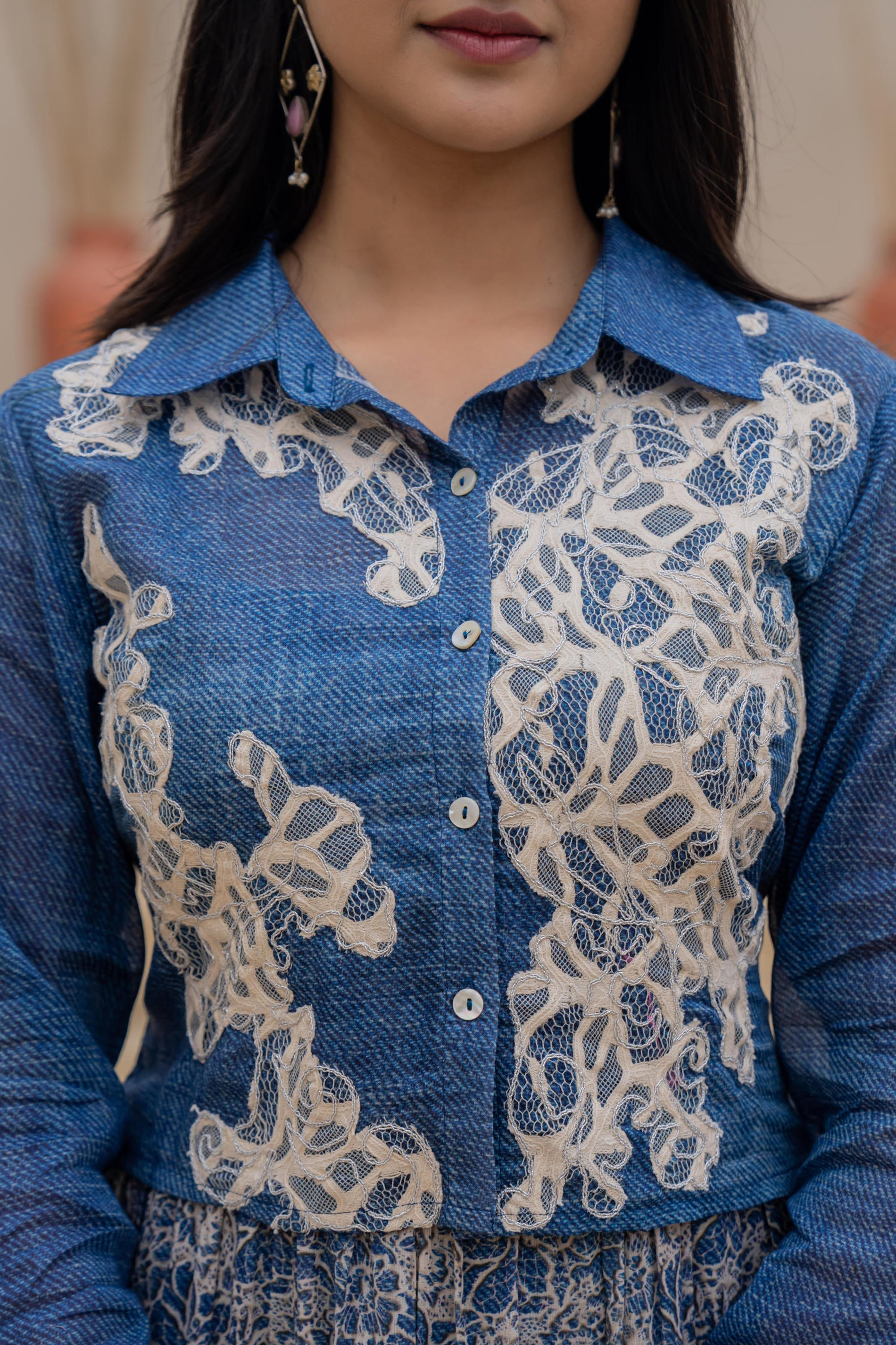 Juniper Indigo Blue Shirt-Style Dress with Off White Embroidery & Tiered Floral Maxi Skirt - Distacart