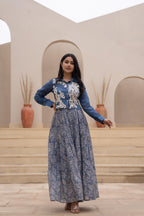 Juniper Indigo Blue Shirt-Style Dress with Off White Embroidery & Tiered Floral Maxi Skirt - Distacart