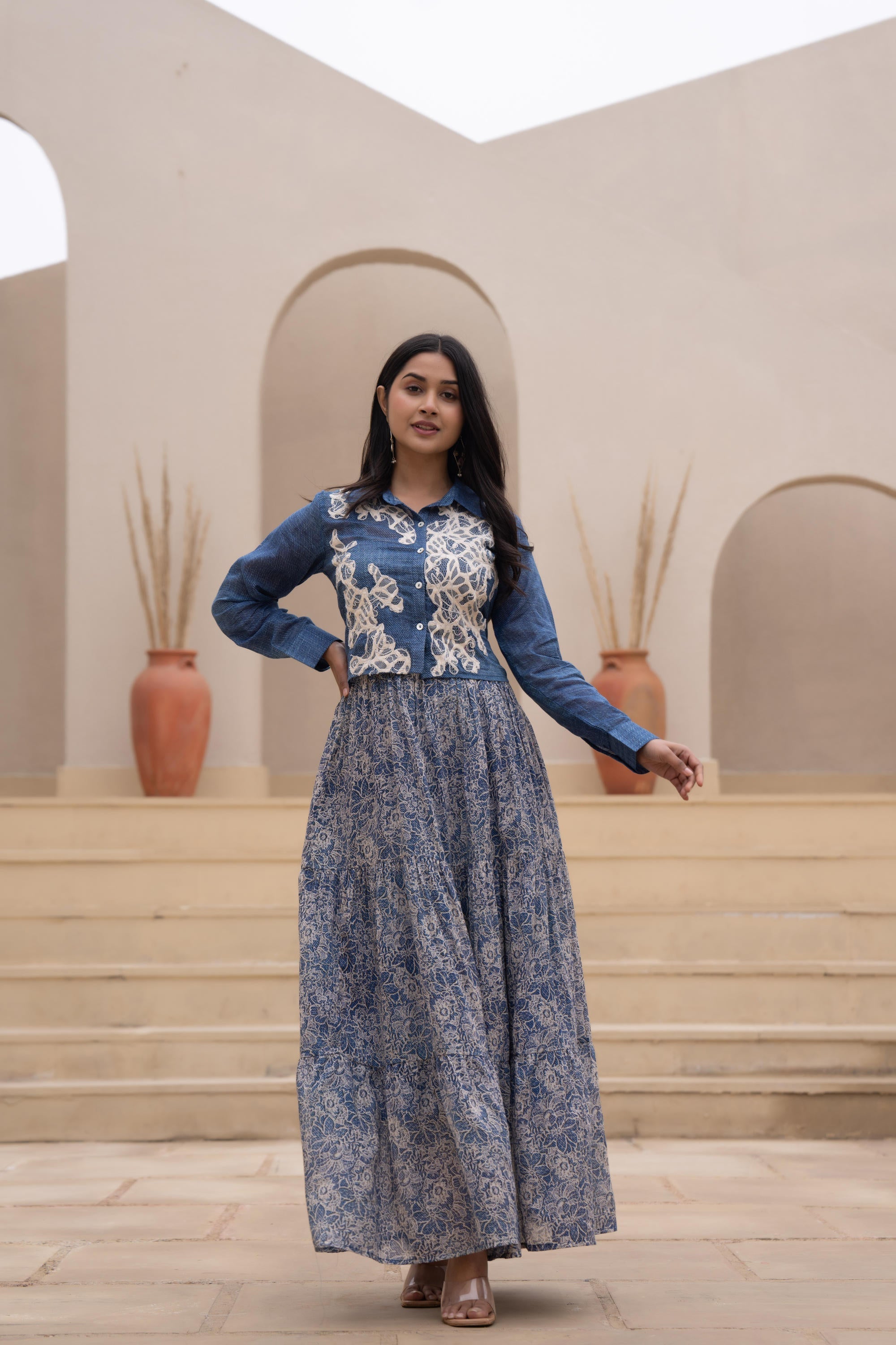 Juniper Indigo Blue Shirt-Style Dress with Off White Embroidery & Tiered Floral Maxi Skirt - Distacart