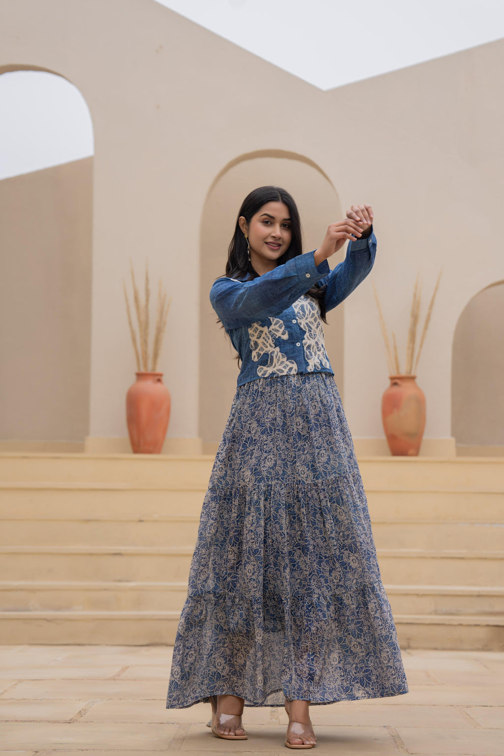 Juniper Indigo Blue Shirt-Style Dress with Off White Embroidery & Tiered Floral Maxi Skirt - Distacart
