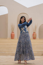 Juniper Indigo Blue Shirt-Style Dress with Off White Embroidery & Tiered Floral Maxi Skirt - Distacart