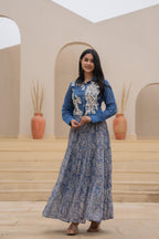 Juniper Indigo Blue Shirt-Style Dress with Off White Embroidery & Tiered Floral Maxi Skirt - Distacart