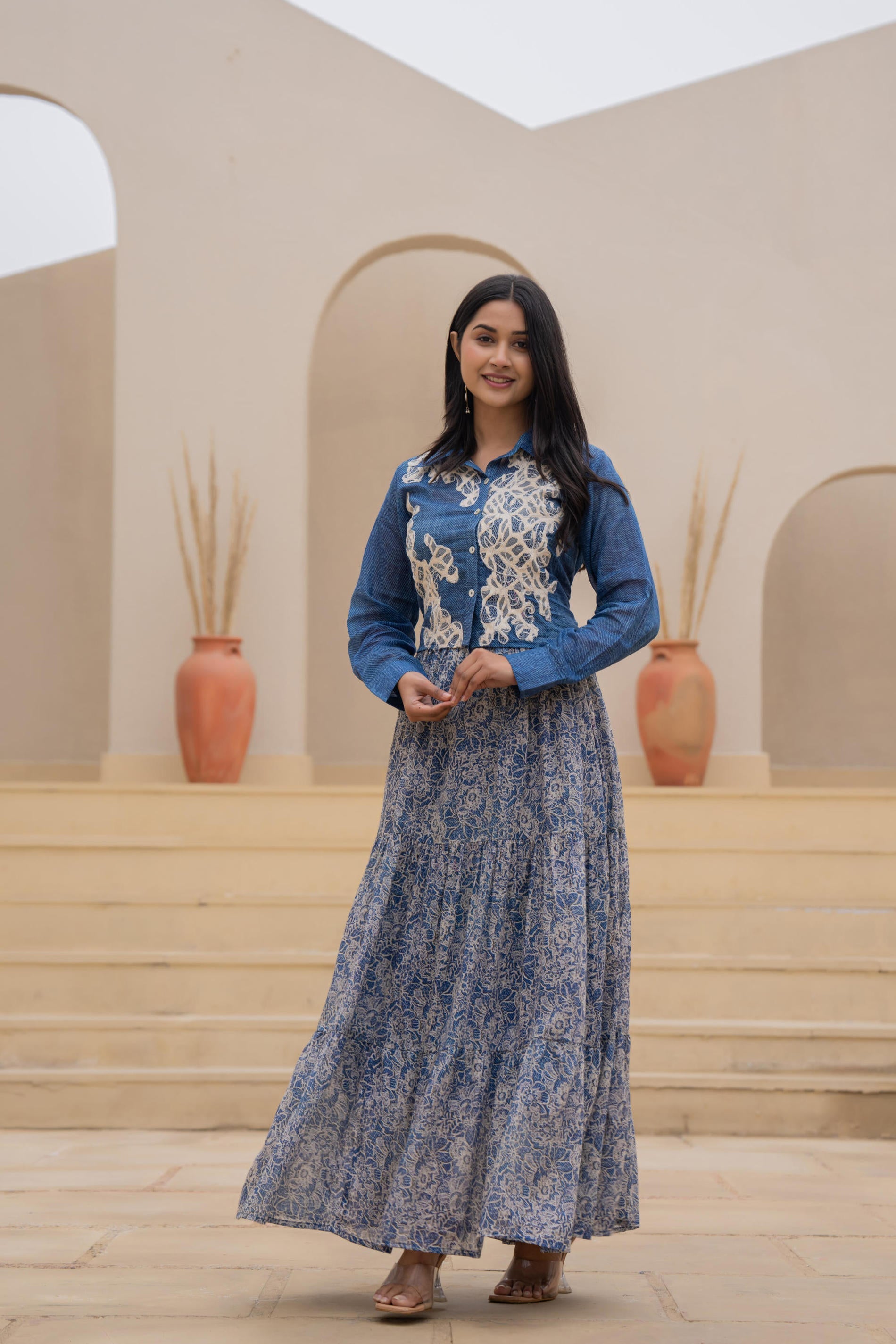 Juniper Indigo Blue Shirt-Style Dress with Off White Embroidery & Tiered Floral Maxi Skirt - Distacart