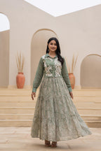 Juniper Green Shirt-Style Dress with Off White Embroidery & Tiered Floral Maxi Skirt - Distacart