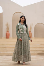 Juniper Green Shirt-Style Dress with Off White Embroidery & Tiered Floral Maxi Skirt - Distacart