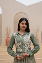 Juniper Green Shirt-Style Dress with Off White Embroidery & Tiered Floral Maxi Skirt - Distacart