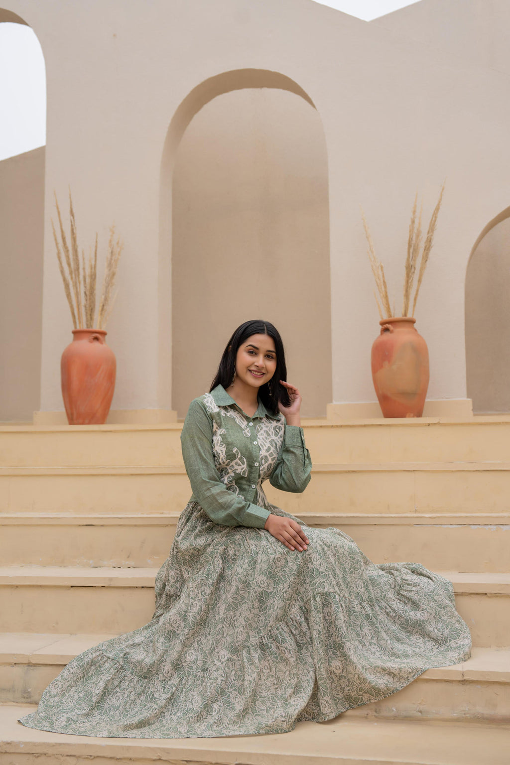 Juniper Green Shirt-Style Dress with Off White Embroidery & Tiered Floral Maxi Skirt - Distacart