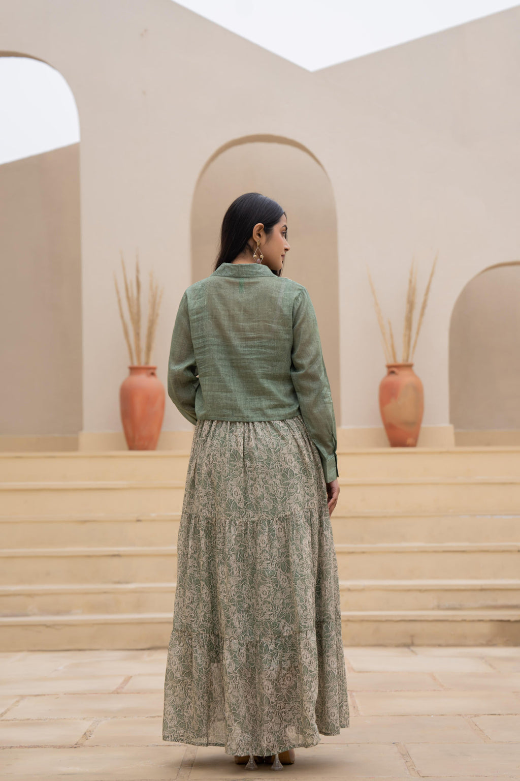 Juniper Green Shirt-Style Dress with Off White Embroidery & Tiered Floral Maxi Skirt - Distacart