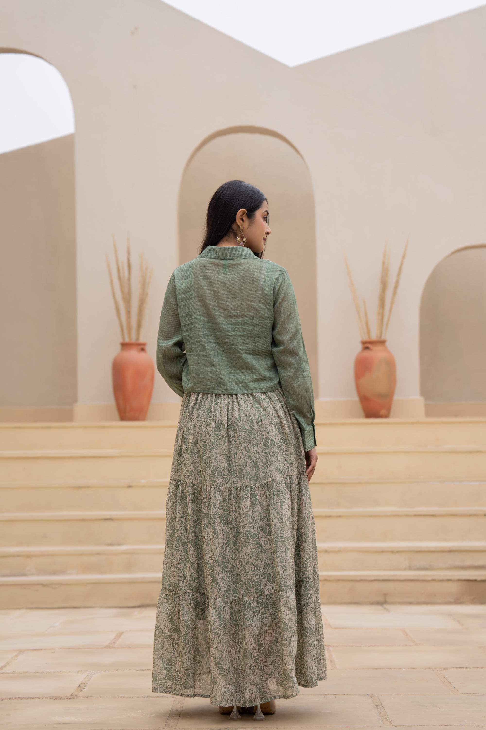 Juniper Green Shirt-Style Dress with Off White Embroidery & Tiered Floral Maxi Skirt - Distacart
