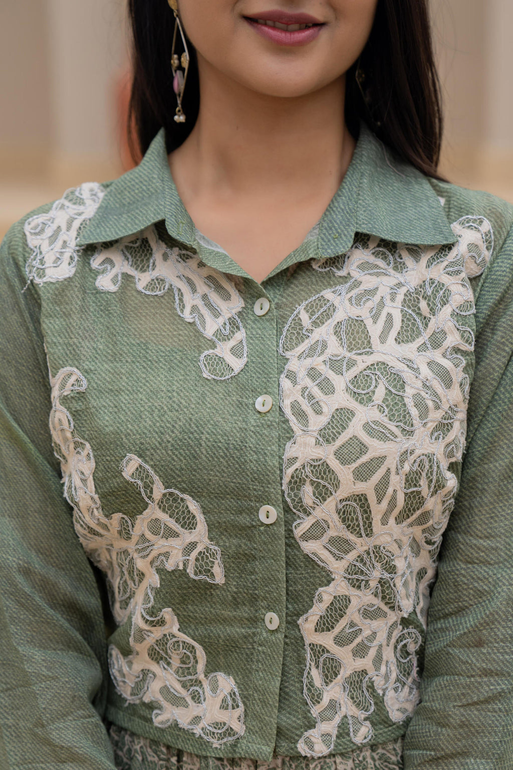 Juniper Green Shirt-Style Dress with Off White Embroidery & Tiered Floral Maxi Skirt - Distacart