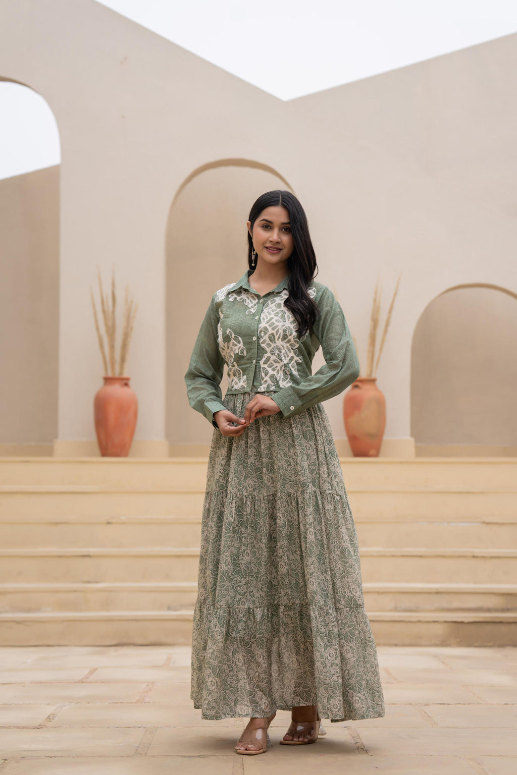 Juniper Green Shirt-Style Dress with Off White Embroidery & Tiered Floral Maxi Skirt - Distacart