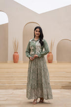 Juniper Green Shirt-Style Dress with Off White Embroidery & Tiered Floral Maxi Skirt - Distacart