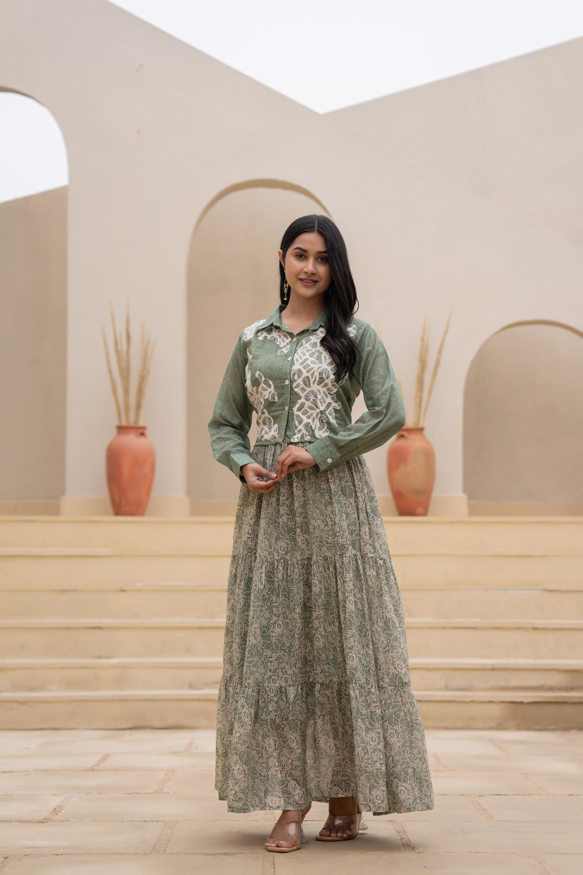 Juniper Green Shirt-Style Dress with Off White Embroidery & Tiered Floral Maxi Skirt - Distacart