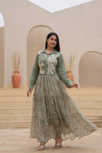 Juniper Green Shirt-Style Dress with Off White Embroidery & Tiered Floral Maxi Skirt - Distacart