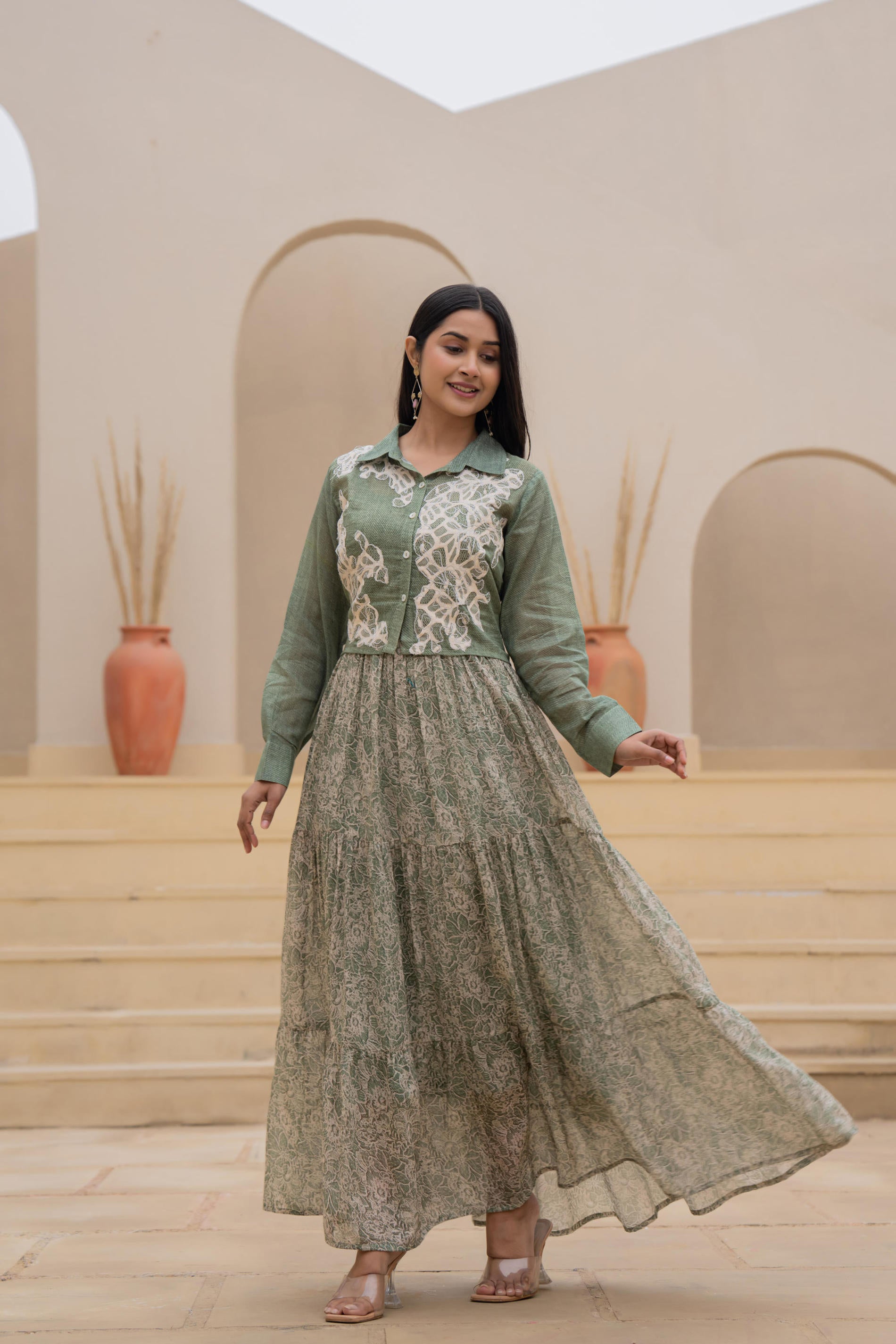 Juniper Green Shirt-Style Dress with Off White Embroidery & Tiered Floral Maxi Skirt - Distacart