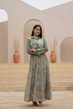 Juniper Green Shirt-Style Dress with Off White Embroidery & Tiered Floral Maxi Skirt - Distacart