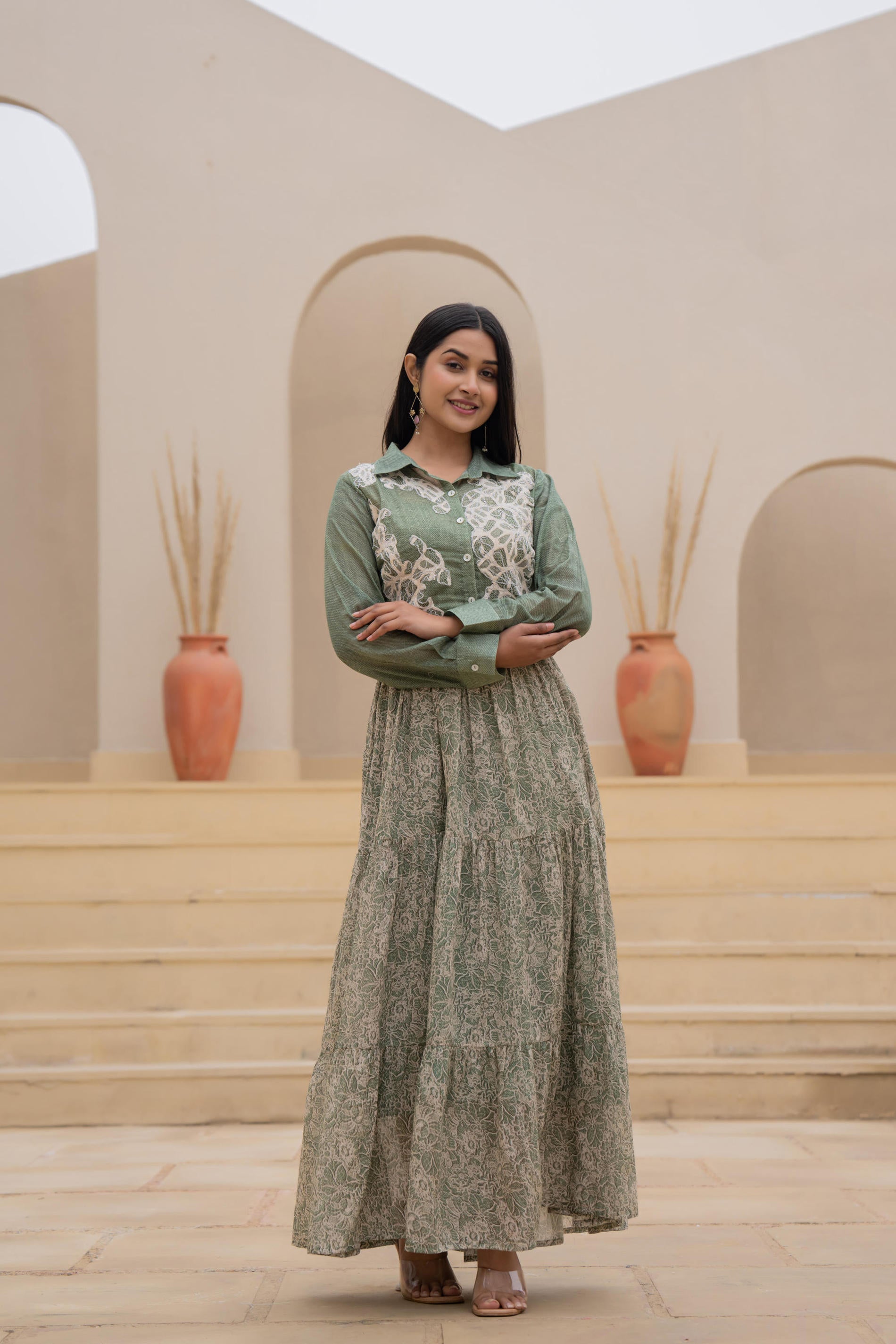 Juniper Green Shirt-Style Dress with Off White Embroidery & Tiered Floral Maxi Skirt - Distacart