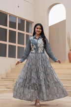 Juniper Grey Shirt-Style Dress with Off White Embroidery & Tiered Floral Maxi Skirt - Distacart