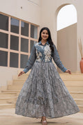 Juniper Grey Shirt-Style Dress With Off White Embroidery & Tiered Floral Maxi Skirt - Distacart
