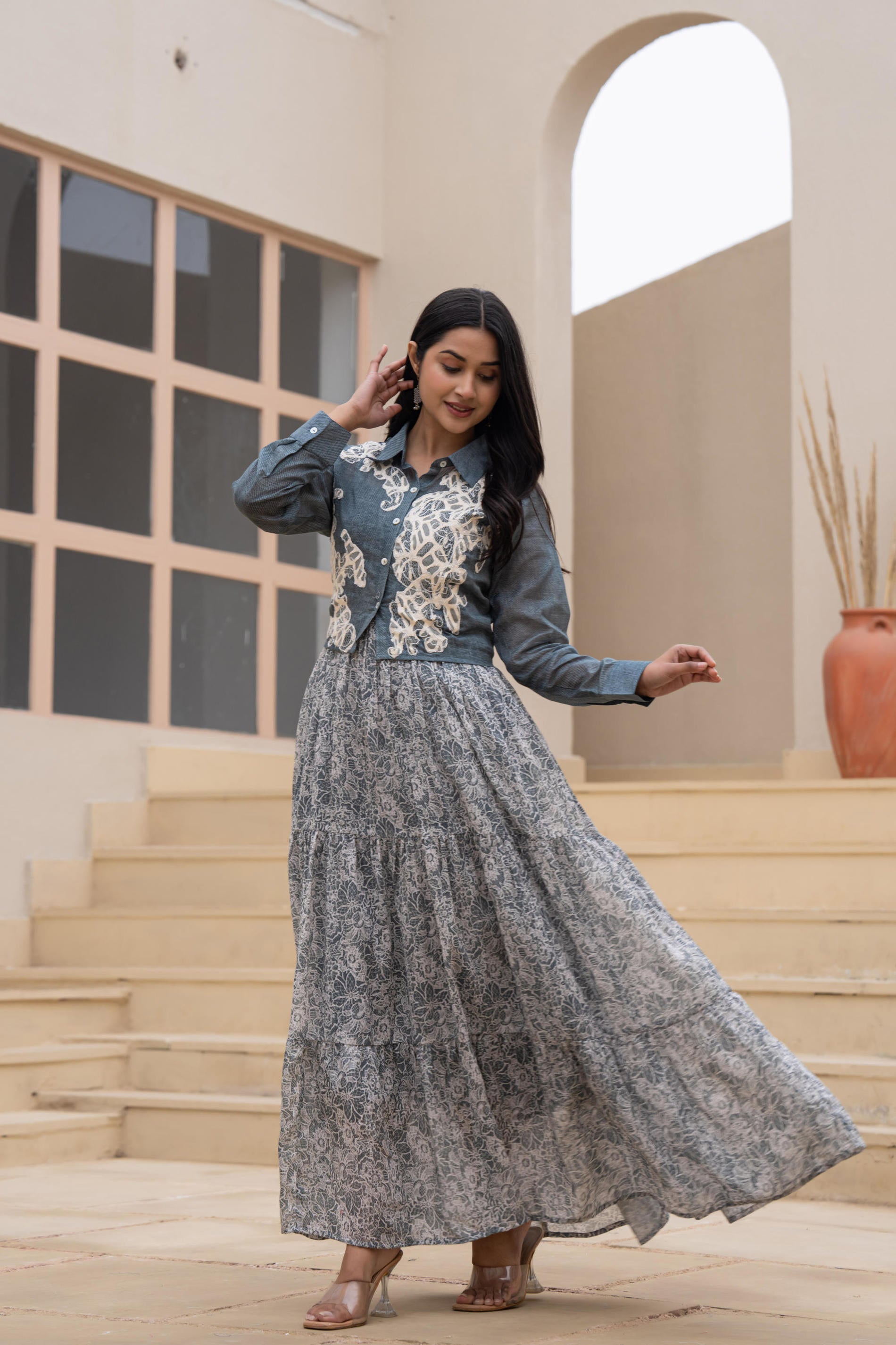 Juniper Grey Shirt-Style Dress with Off White Embroidery & Tiered Floral Maxi Skirt - Distacart