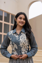 Juniper Grey Shirt-Style Dress with Off White Embroidery & Tiered Floral Maxi Skirt - Distacart
