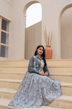 Juniper Grey Shirt-Style Dress with Off White Embroidery & Tiered Floral Maxi Skirt - Distacart