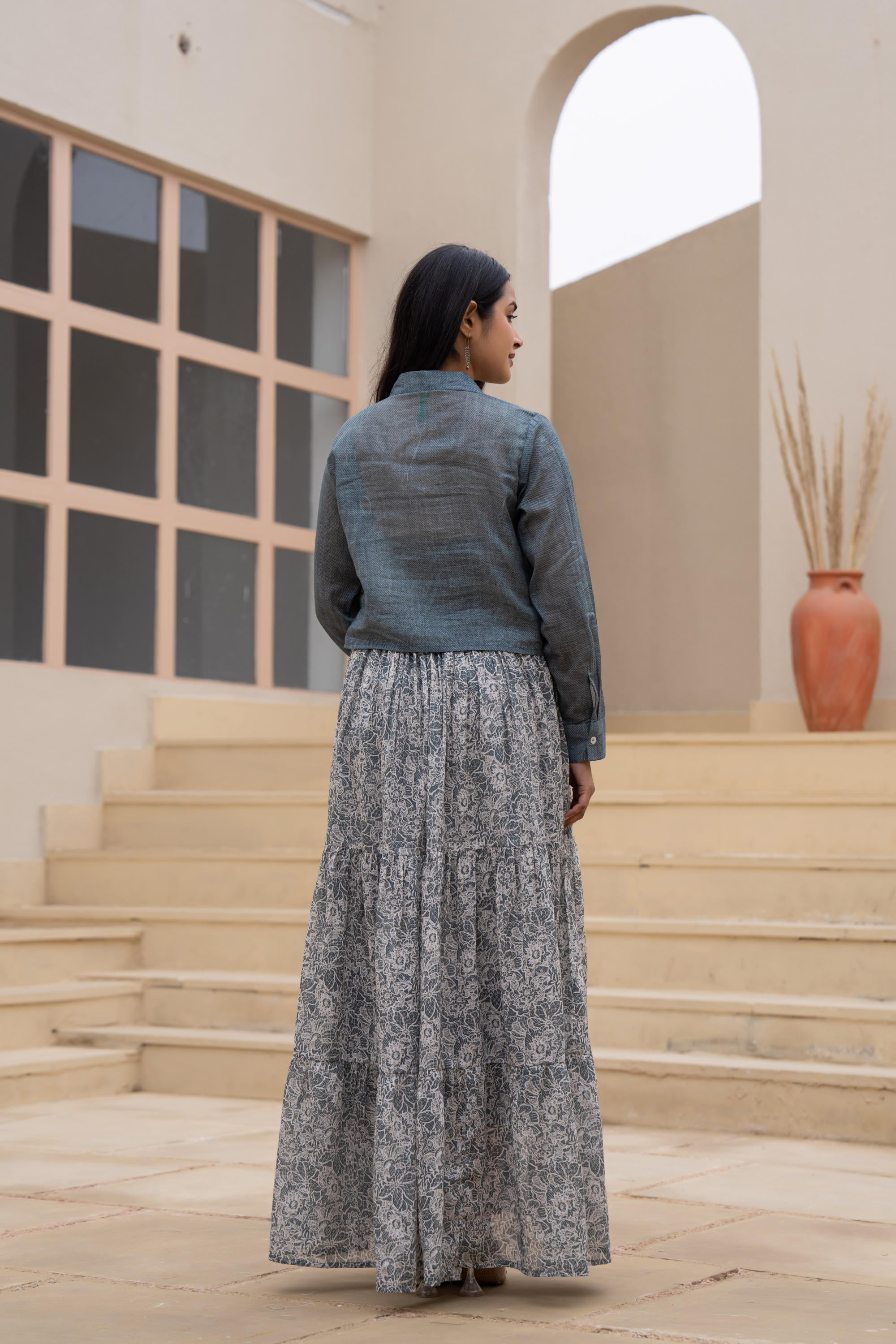 Juniper Grey Shirt-Style Dress with Off White Embroidery & Tiered Floral Maxi Skirt - Distacart