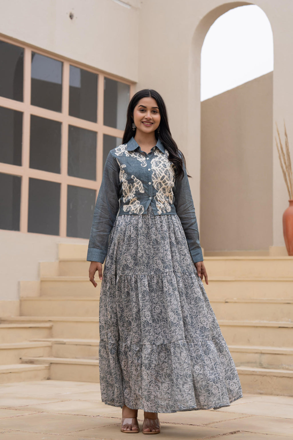 Juniper Grey Shirt-Style Dress with Off White Embroidery & Tiered Floral Maxi Skirt - Distacart