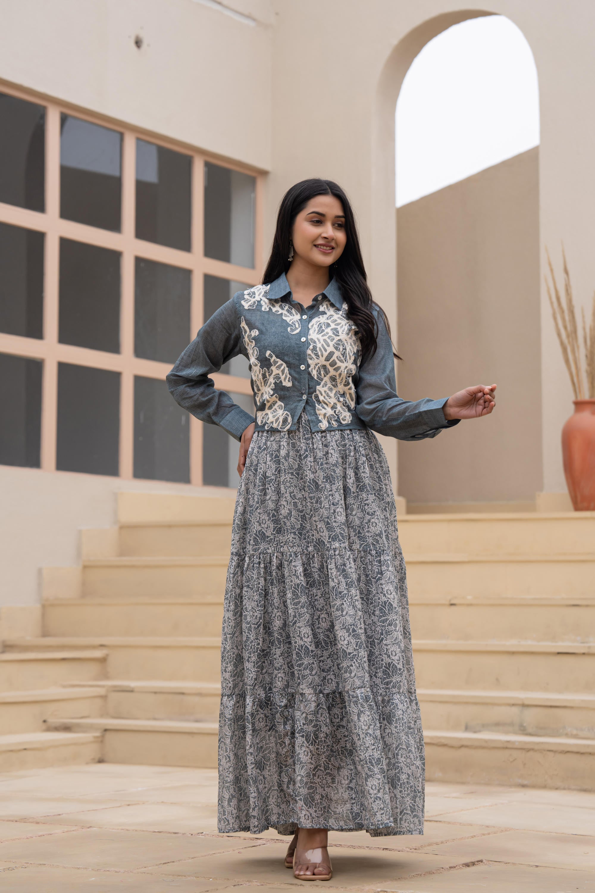 Juniper Grey Shirt-Style Dress with Off White Embroidery & Tiered Floral Maxi Skirt - Distacart