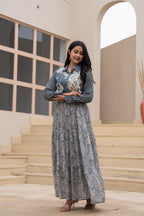 Juniper Grey Shirt-Style Dress with Off White Embroidery & Tiered Floral Maxi Skirt - Distacart