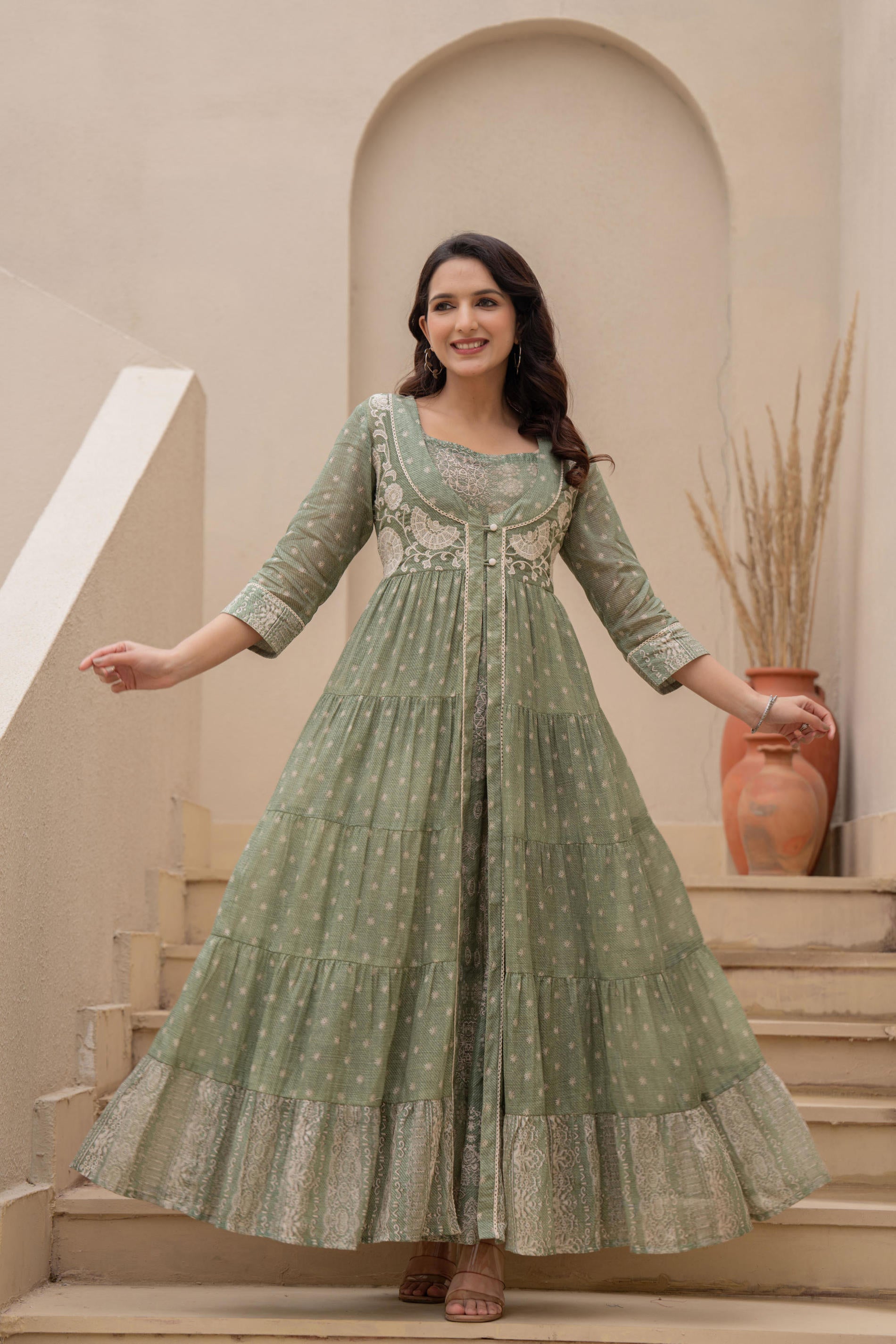 Juniper Sage Green Embroidered Flared Maxi Dress With Inner Slip And Button-Down Detailing - Distacart