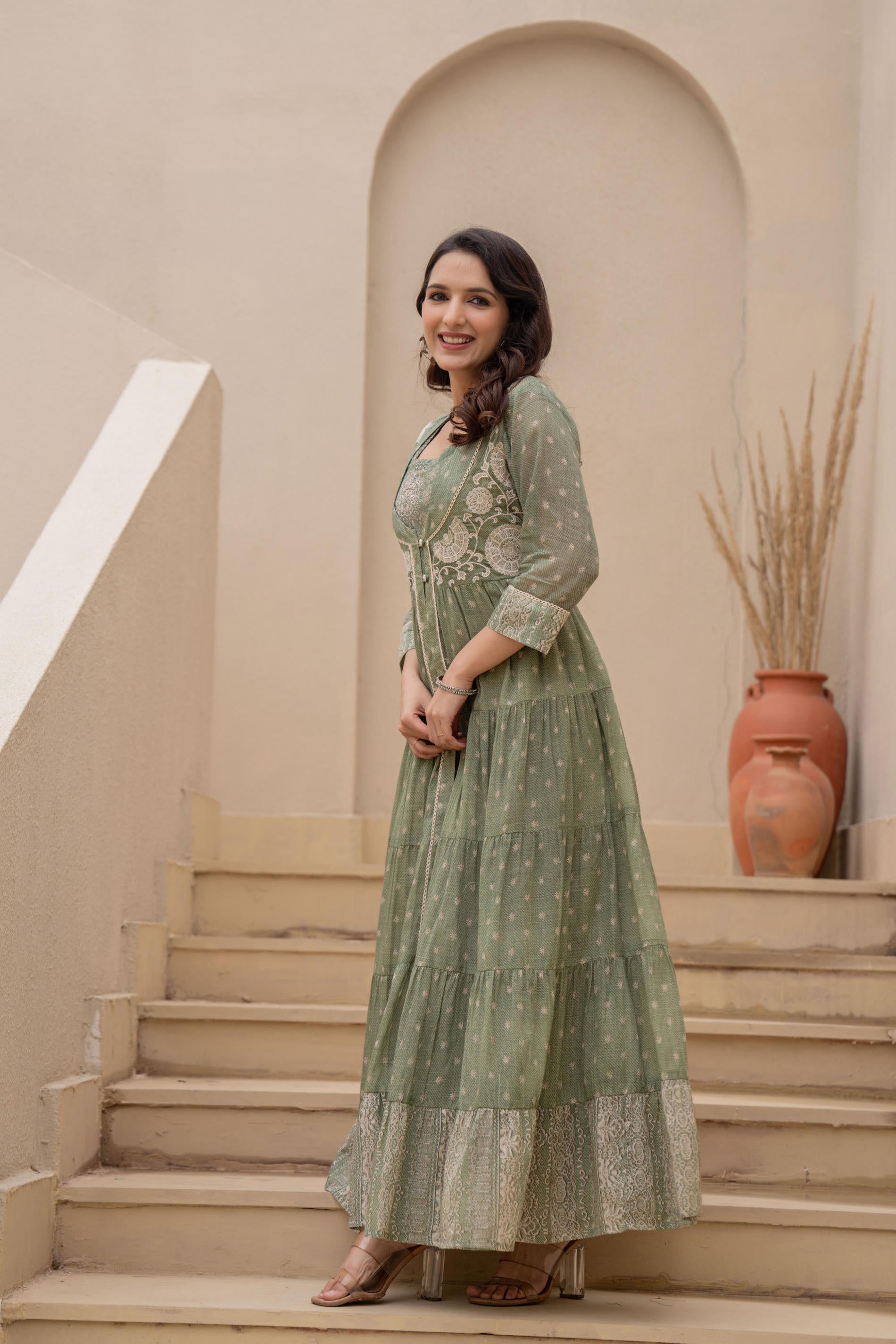 Juniper Sage Green Embroidered Flared Maxi Dress with Inner Slip and Button-Down Detailing - Distacart