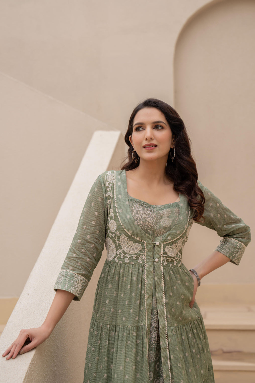 Juniper Sage Green Embroidered Flared Maxi Dress with Inner Slip and Button-Down Detailing - Distacart