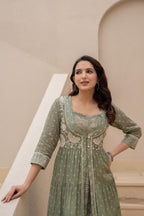 Juniper Sage Green Embroidered Flared Maxi Dress with Inner Slip and Button-Down Detailing - Distacart