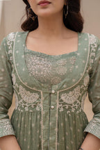 Juniper Sage Green Embroidered Flared Maxi Dress with Inner Slip and Button-Down Detailing - Distacart