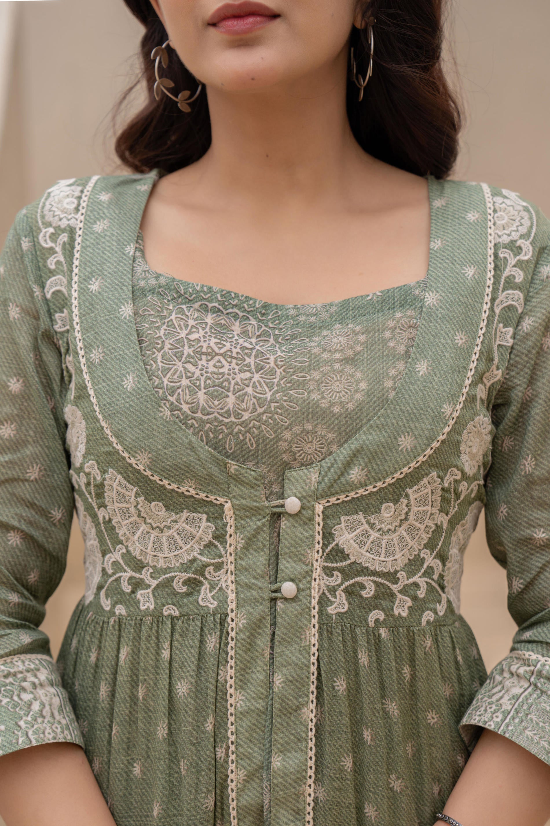 Juniper Sage Green Embroidered Flared Maxi Dress with Inner Slip and Button-Down Detailing - Distacart