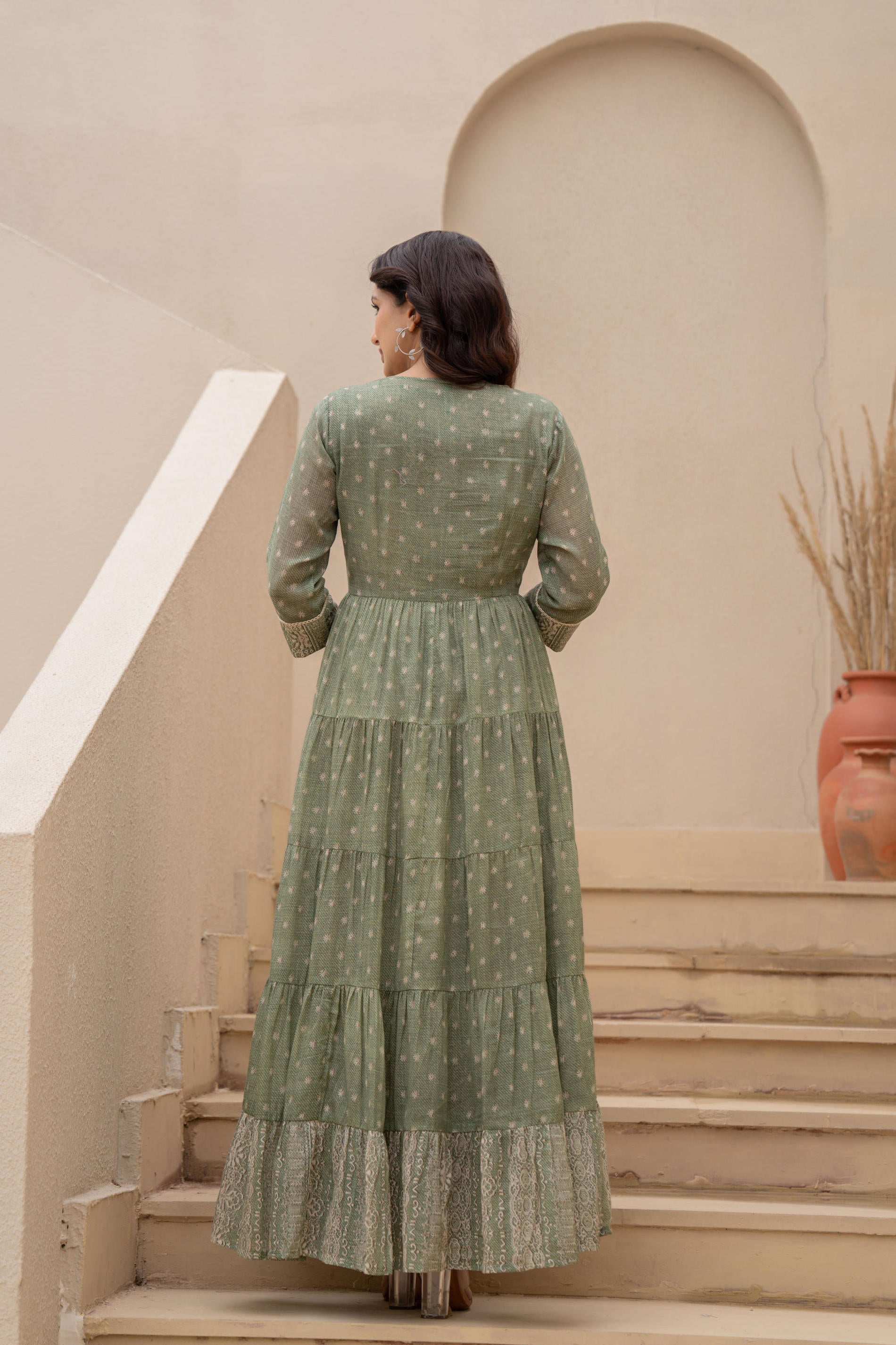 Juniper Sage Green Embroidered Flared Maxi Dress with Inner Slip and Button-Down Detailing - Distacart
