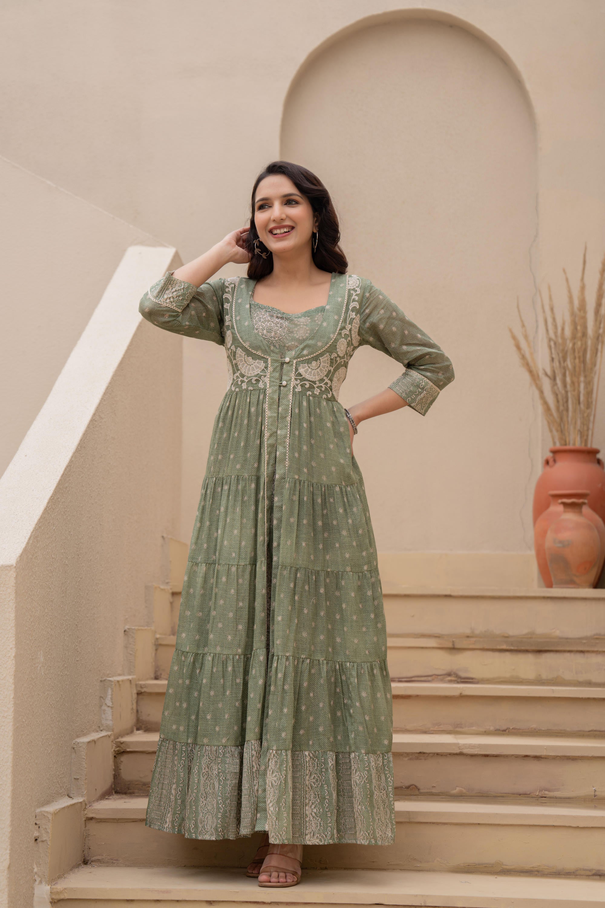 Juniper Sage Green Embroidered Flared Maxi Dress with Inner Slip and Button-Down Detailing - Distacart