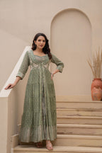 Juniper Sage Green Embroidered Flared Maxi Dress with Inner Slip and Button-Down Detailing - Distacart