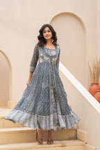 Juniper Grey Embroidered Flared Maxi Dress with Inner Slip and Button-Down Detailing - Distacart