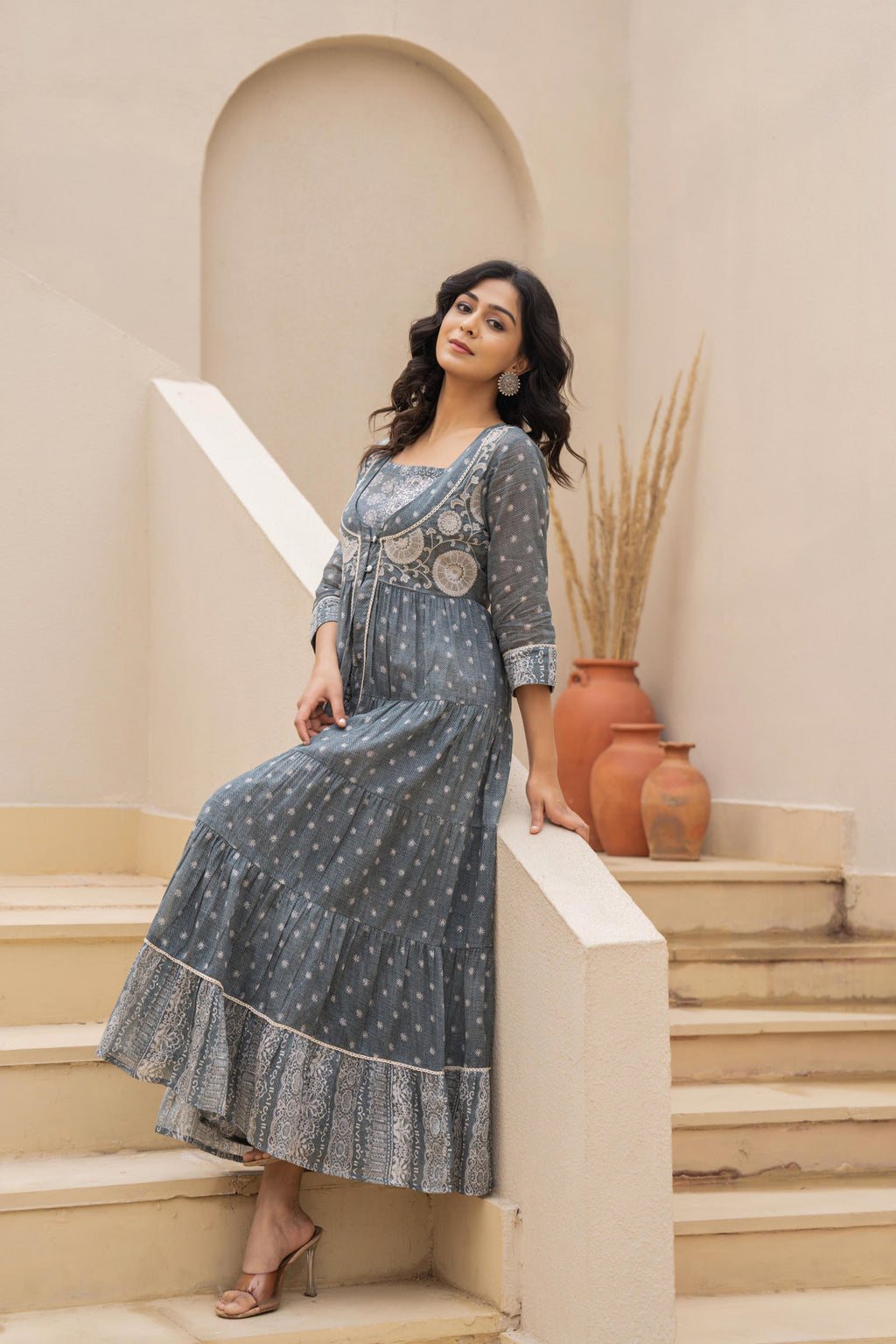 Juniper Grey Embroidered Flared Maxi Dress with Inner Slip and Button-Down Detailing - Distacart