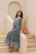 Juniper Grey Embroidered Flared Maxi Dress with Inner Slip and Button-Down Detailing - Distacart
