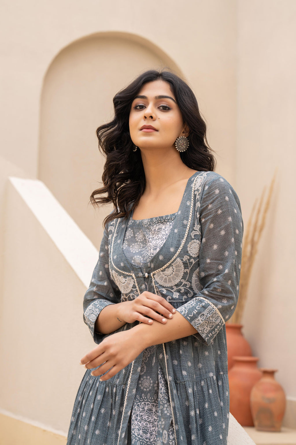 Juniper Grey Embroidered Flared Maxi Dress with Inner Slip and Button-Down Detailing - Distacart