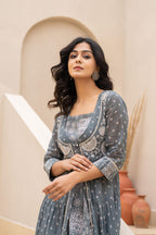 Juniper Grey Embroidered Flared Maxi Dress with Inner Slip and Button-Down Detailing - Distacart