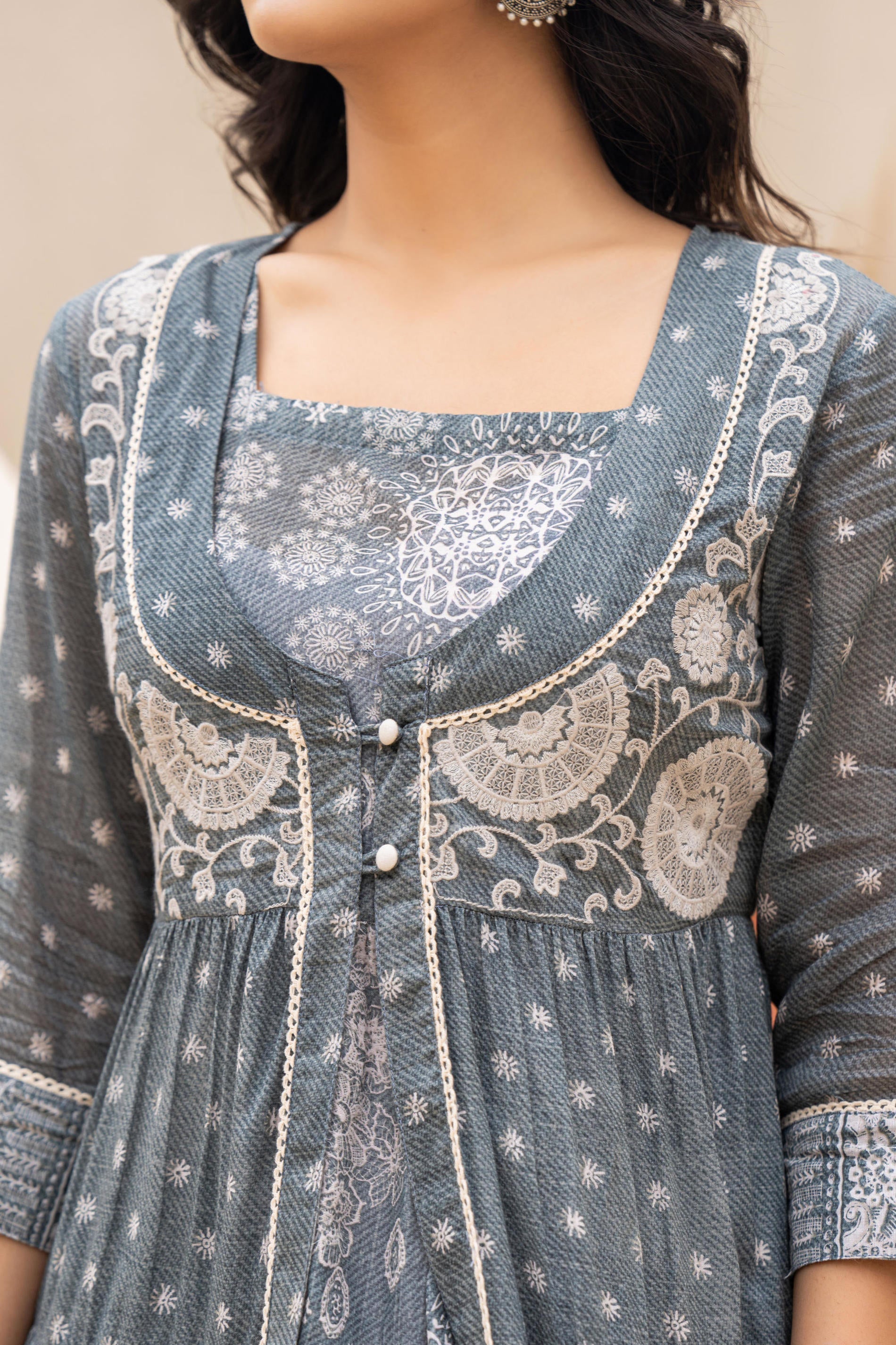 Juniper Grey Embroidered Flared Maxi Dress with Inner Slip and Button-Down Detailing - Distacart