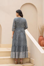 Juniper Grey Embroidered Flared Maxi Dress with Inner Slip and Button-Down Detailing - Distacart