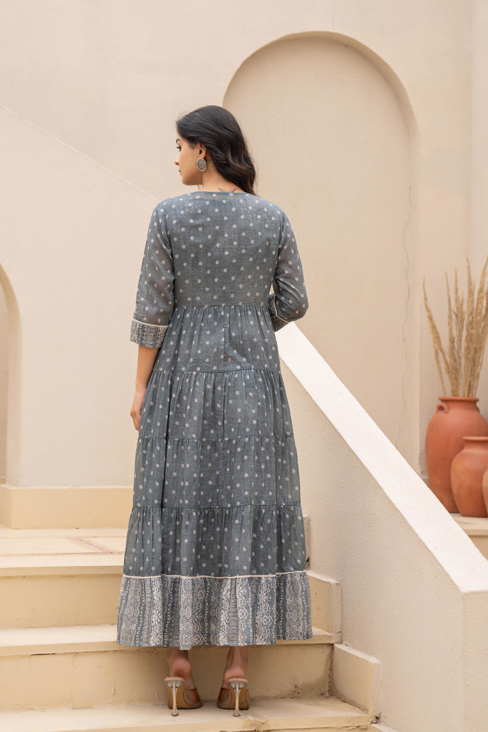Juniper Grey Embroidered Flared Maxi Dress with Inner Slip and Button-Down Detailing - Distacart